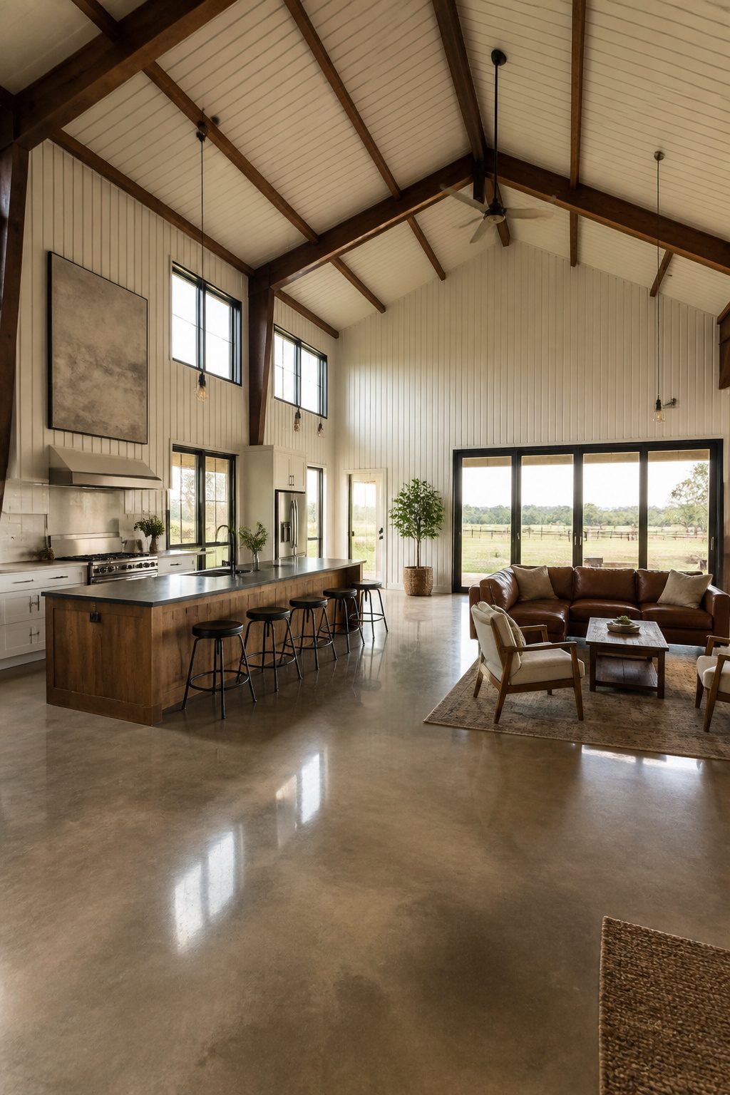 Open layout connecting kitchen and living area in a barndominium.