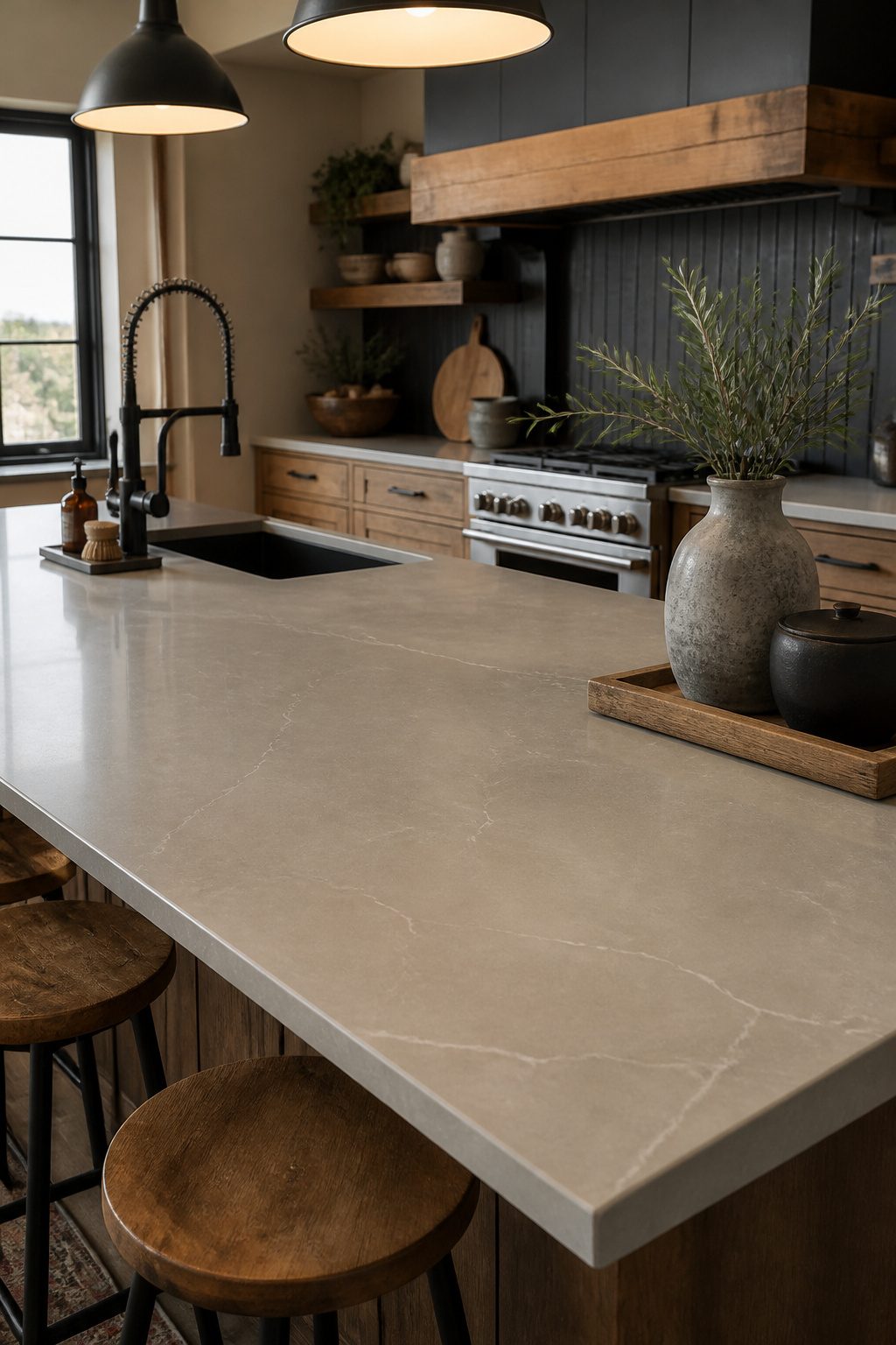 Sleek quartz countertop on a kitchen island in a barndominium.