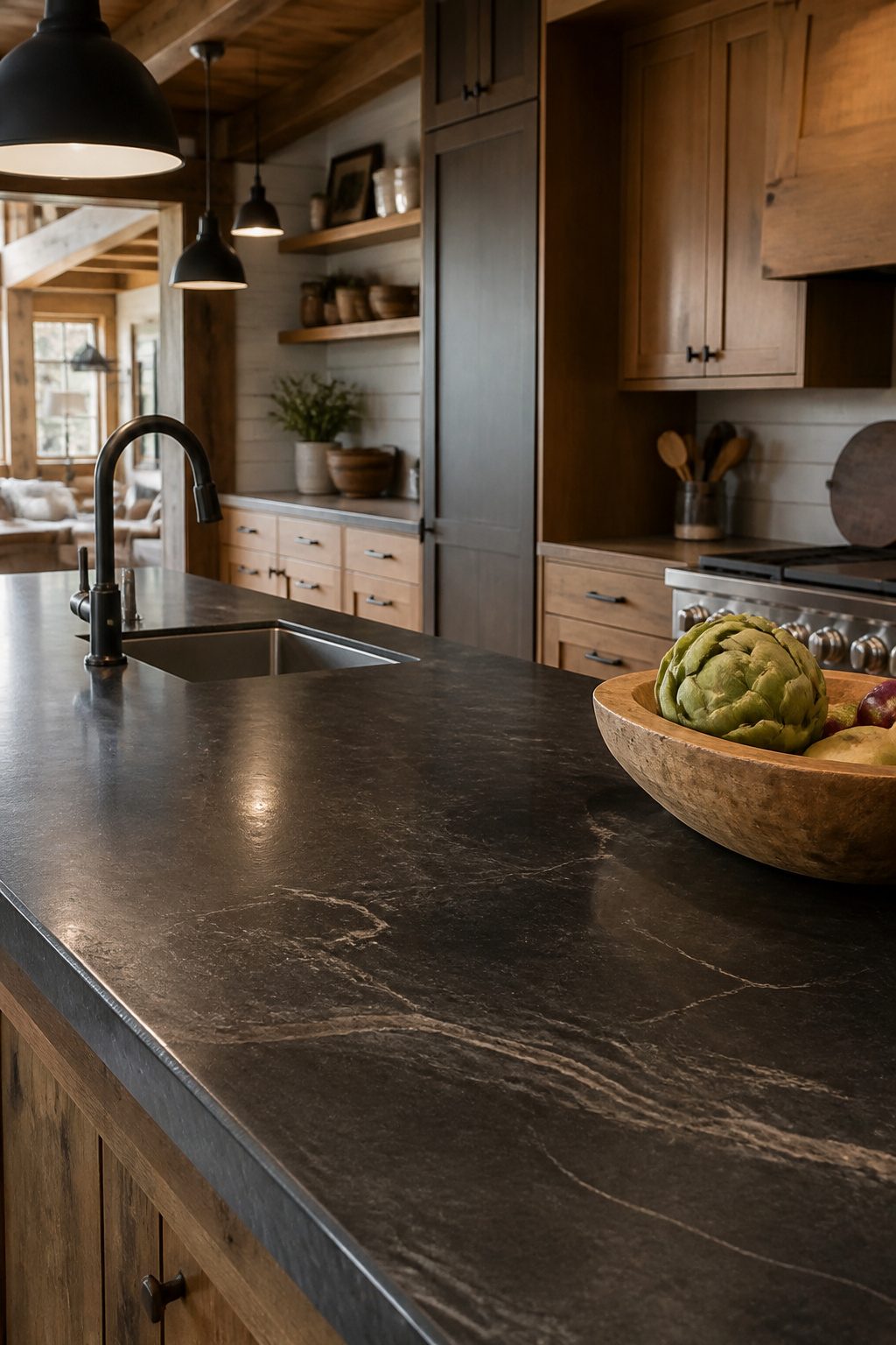 Dark soapstone countertop in a barndominium kitchen.