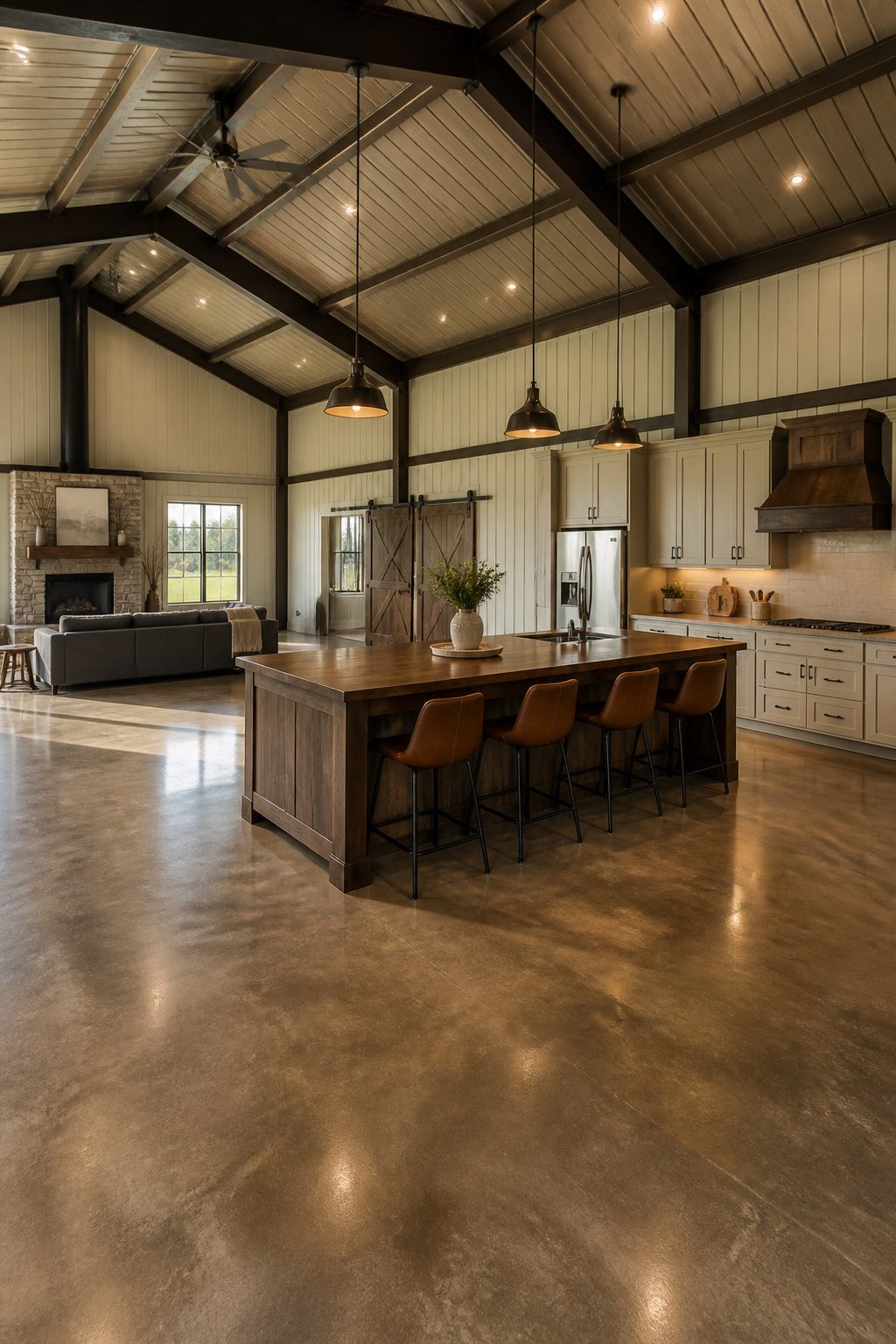 Large kitchen island with stools in a barndominium kitchen.