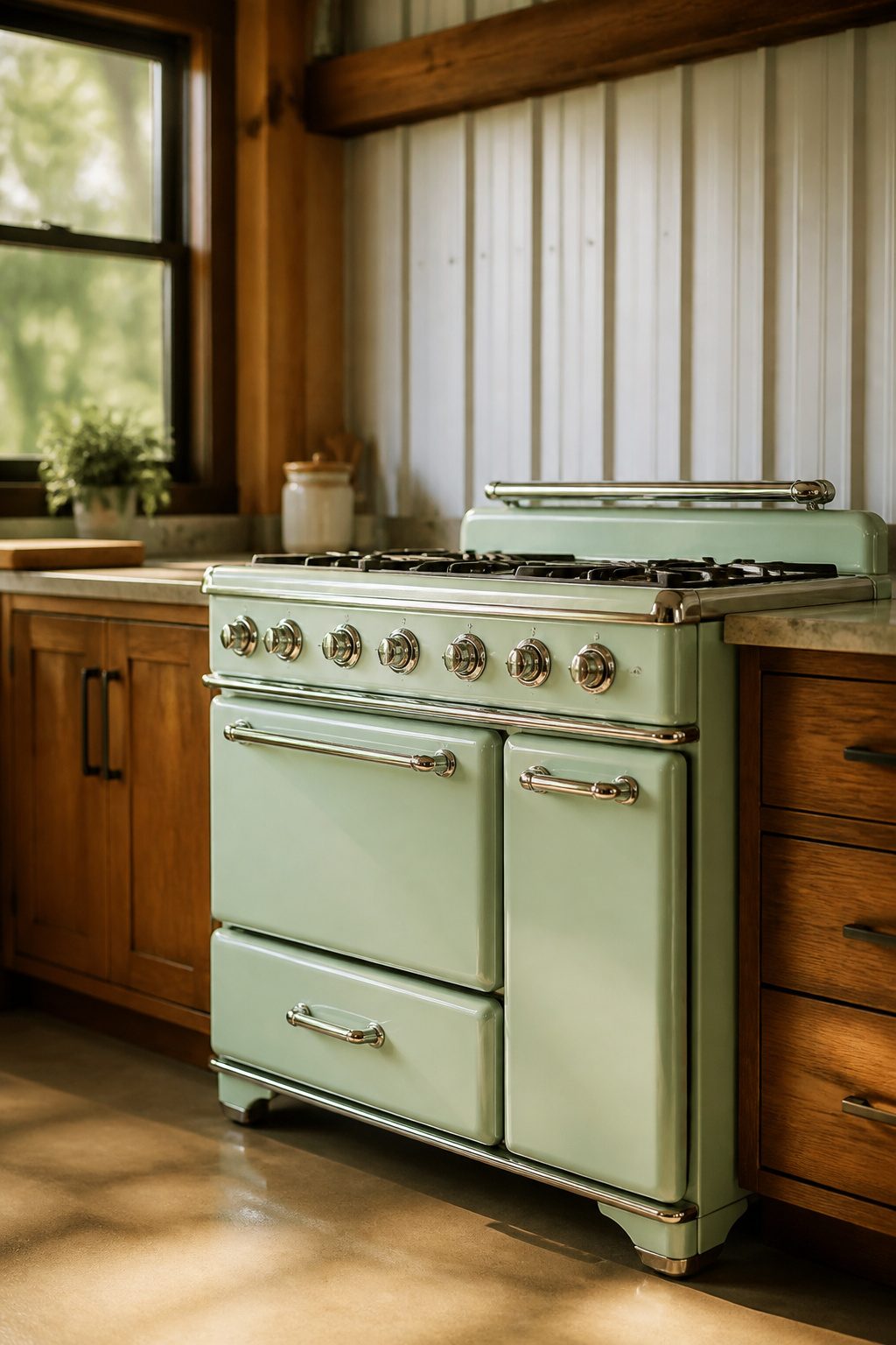 A vintage-style range in a barndominium kitchen.