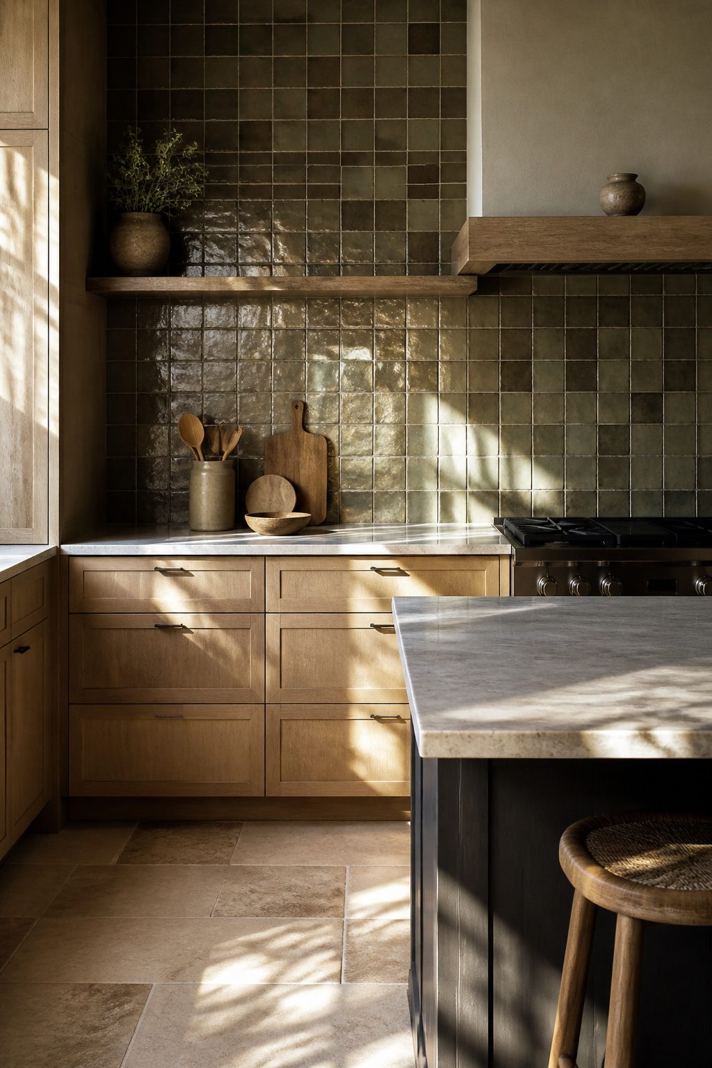 A kitchen backsplash made of zellige tiles.