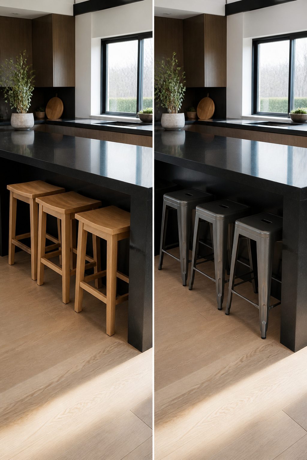 Backless counter stools positioned at a kitchen counter.