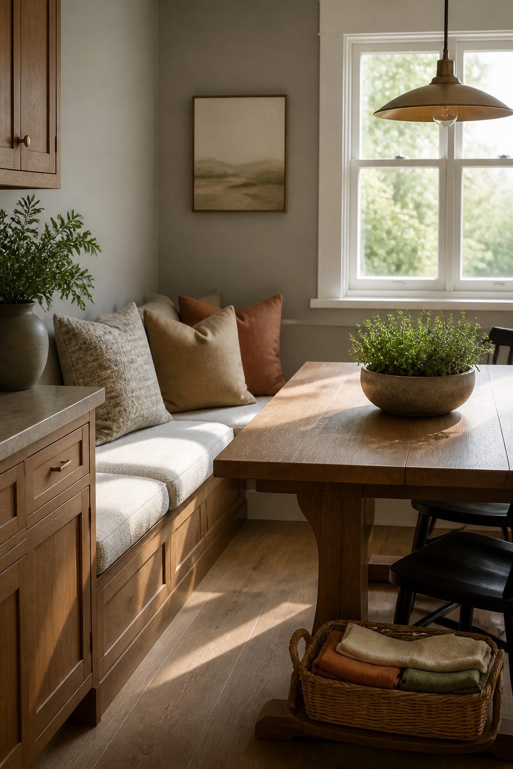 A dining nook with a wooden bench and plush cushions.