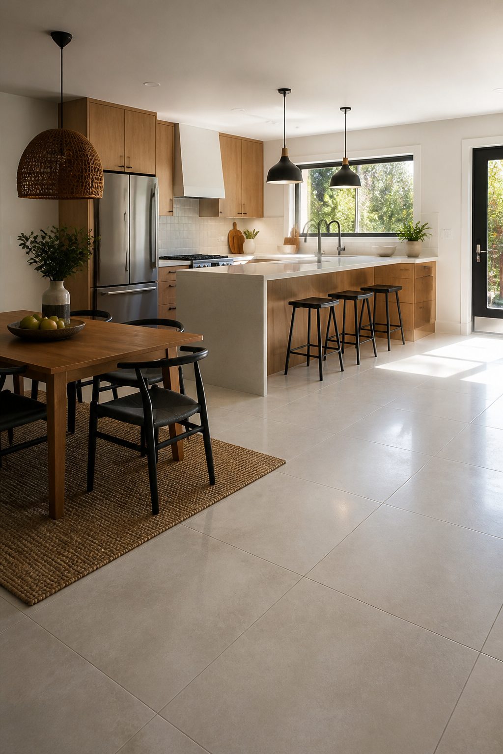 A kitchen floor with large-format porcelain tiles.