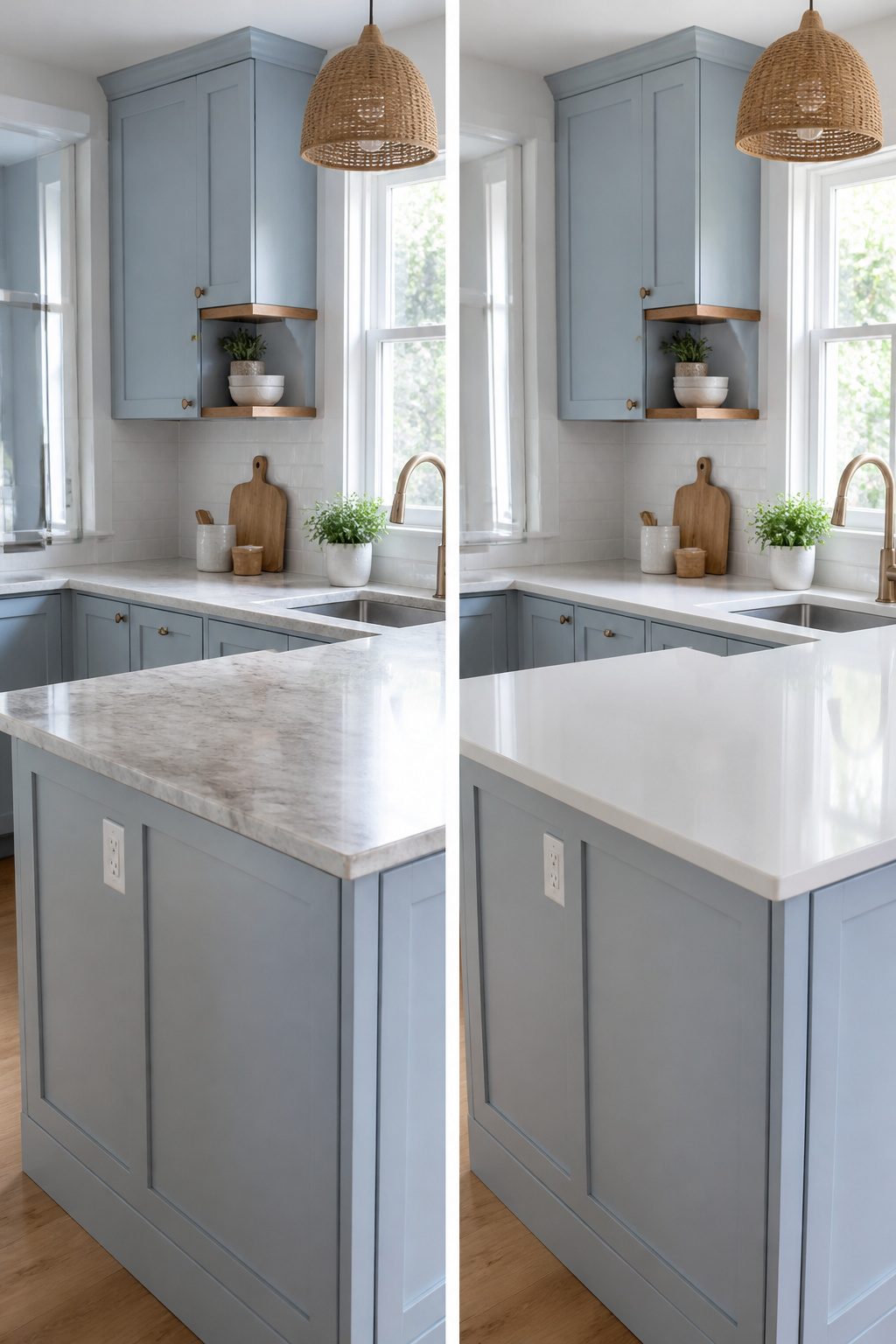 Glossy laminate countertops in a kitchen setting.