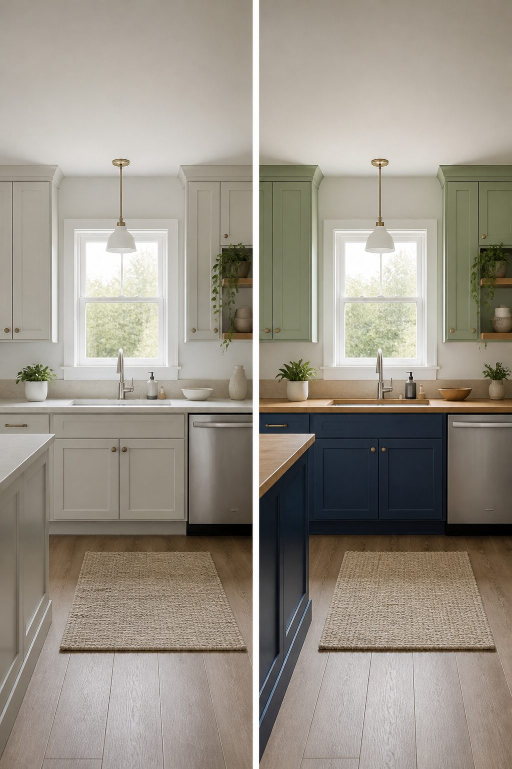 A kitchen featuring sage, terracotta, and navy colors.