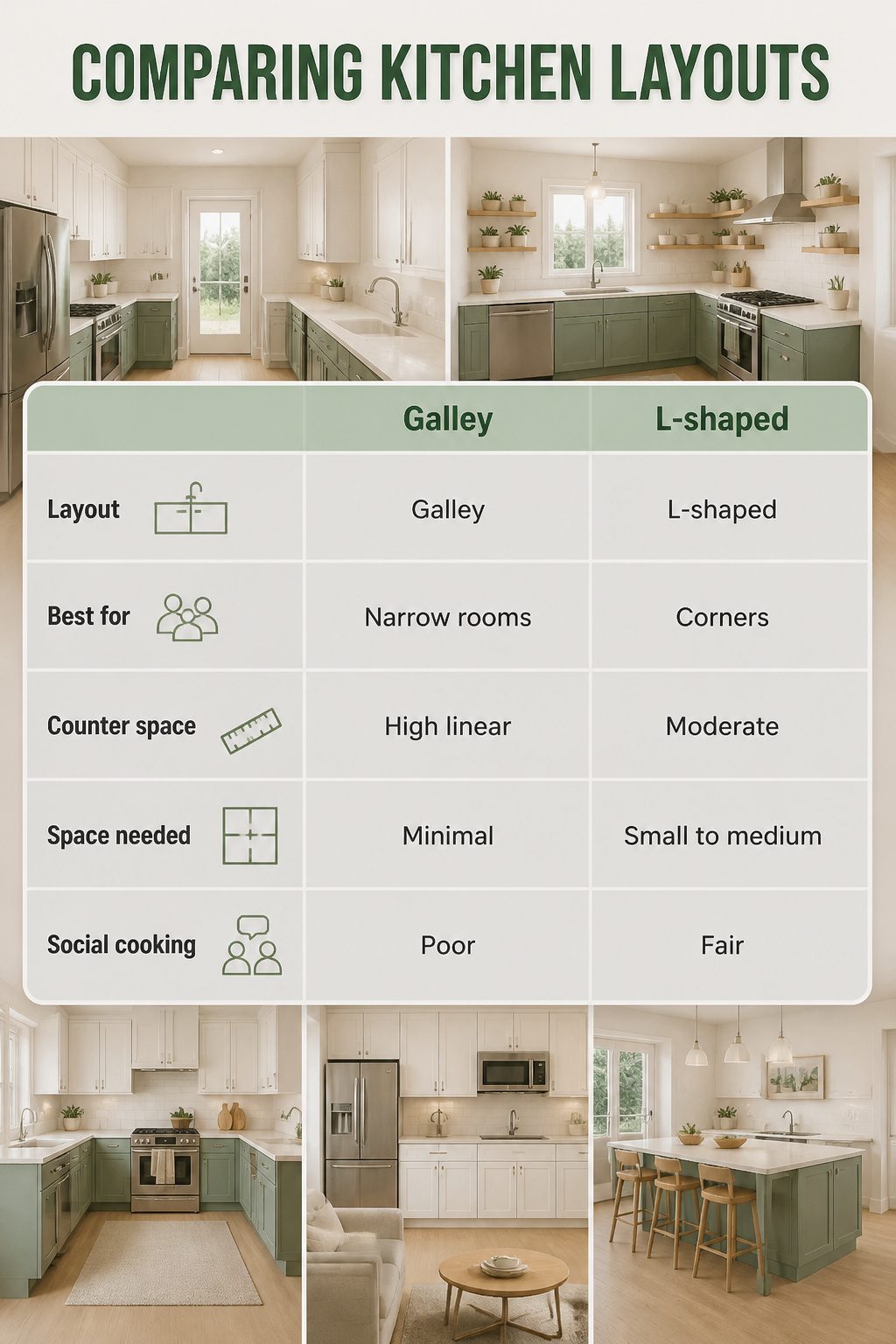 A diagram comparing different kitchen layouts.