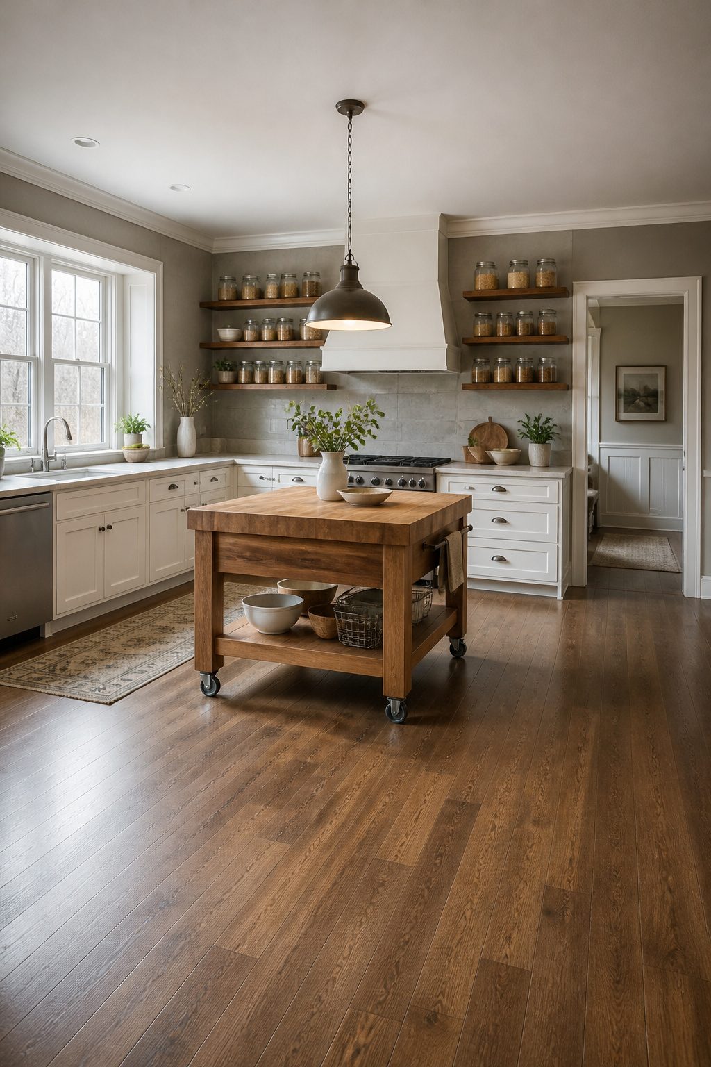 A rolling kitchen island with locking casters.