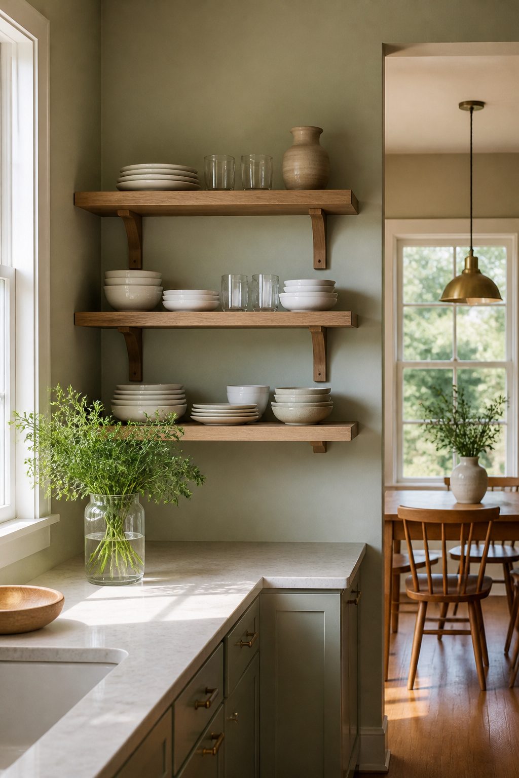 Open shelves holding white dishes in a pastel kitchen.