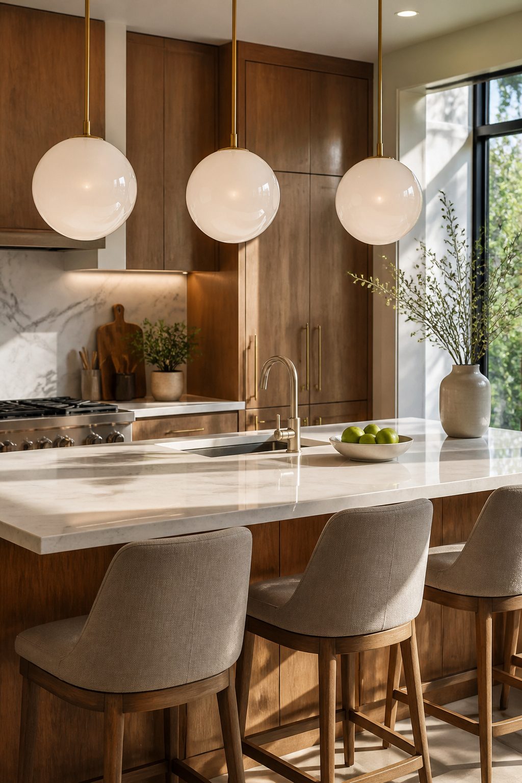 Pendant lights installed above a kitchen counter.
