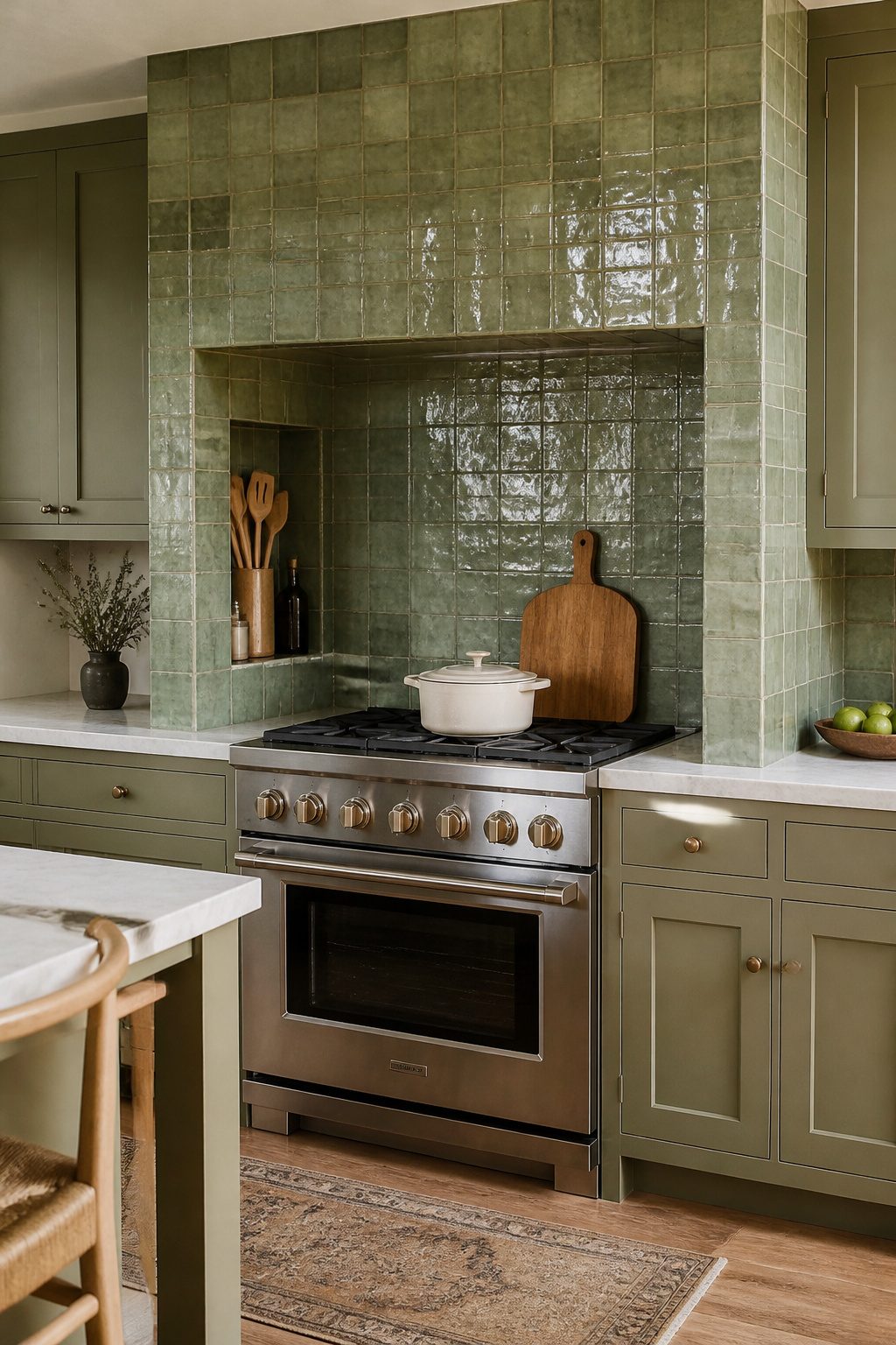 A kitchen range wall with floor-to-ceiling tile.