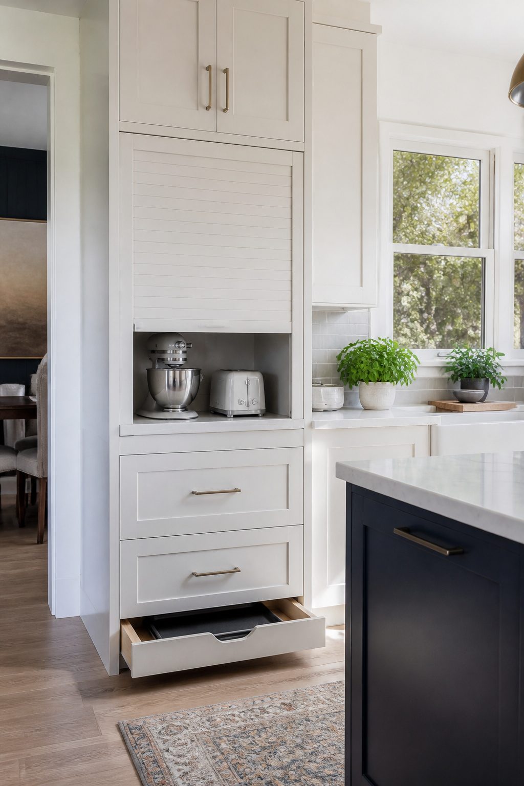 A tall kitchen cabinet with a lift-up door.