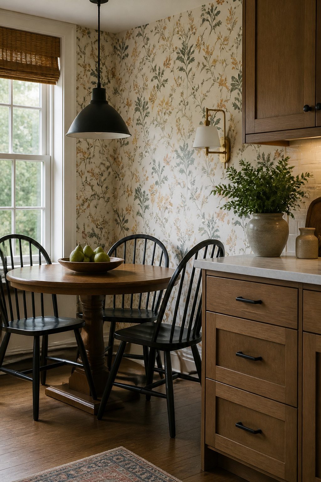 A breakfast nook with floral wallpaper and a green plant.