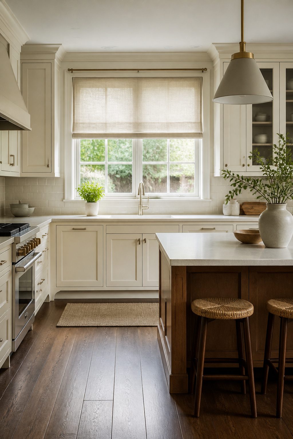 Roman shades covering a kitchen window.