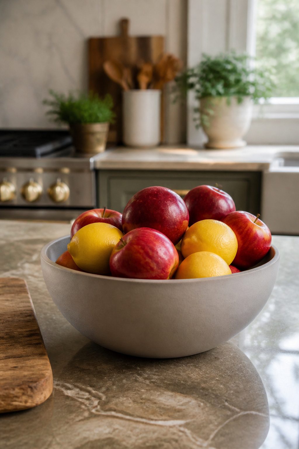 A bowl of assorted fruits on a kitchen island.