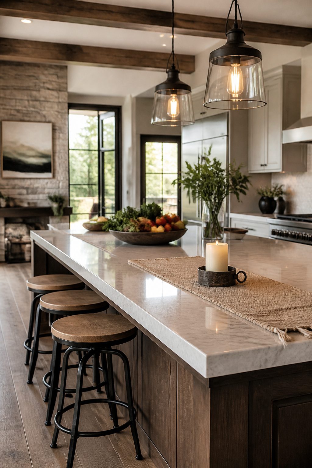 A candle in a simple holder on a kitchen island.