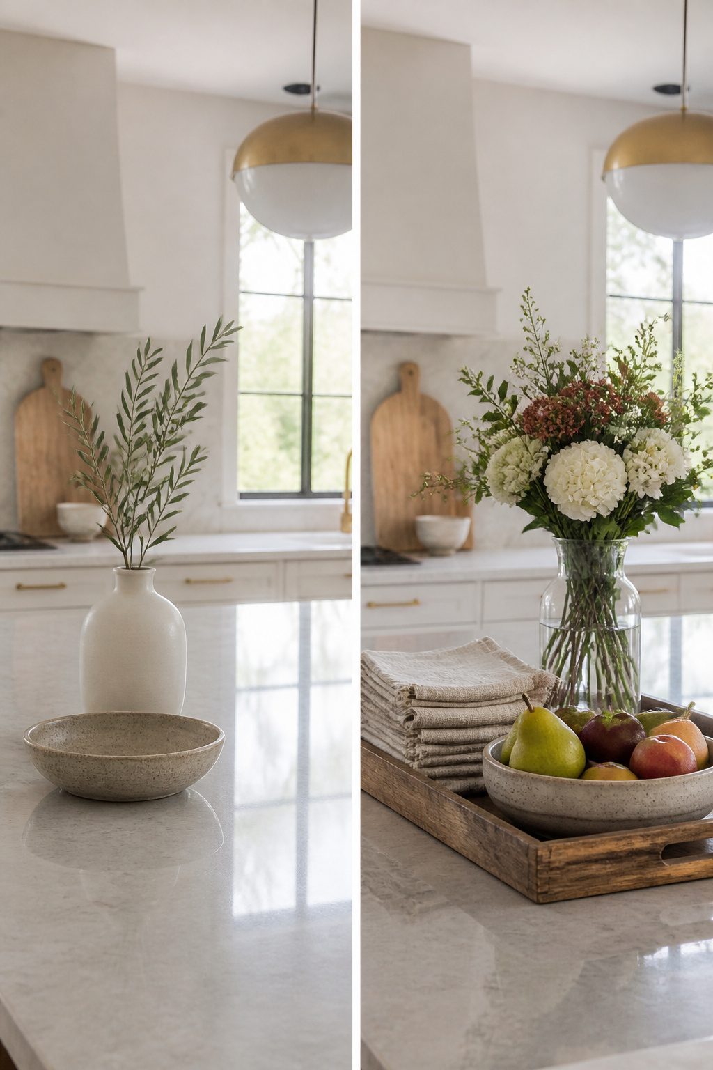 An arrangement of items with different heights and textures on a kitchen island.