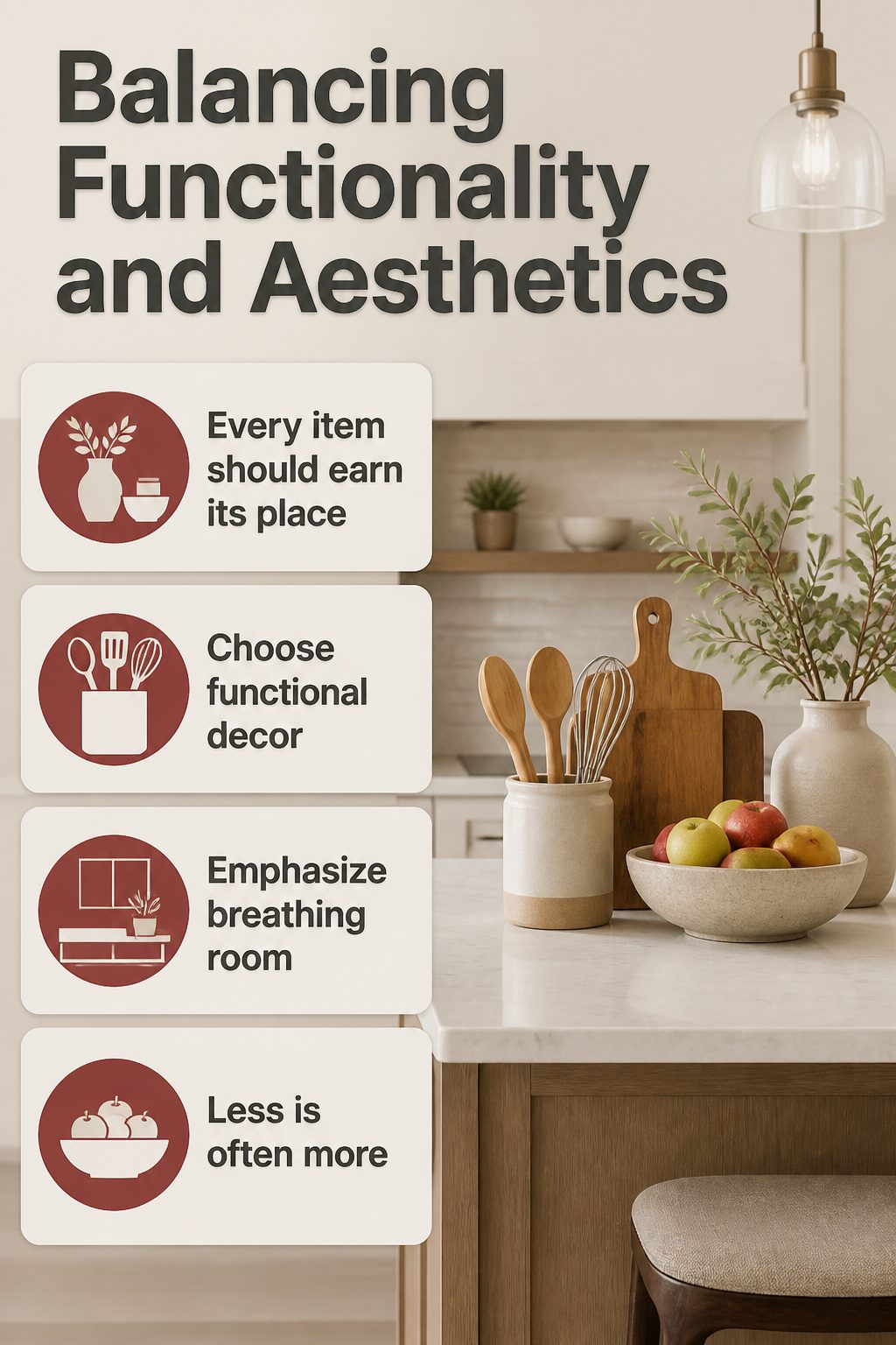 An organized kitchen island with functional and decorative items.