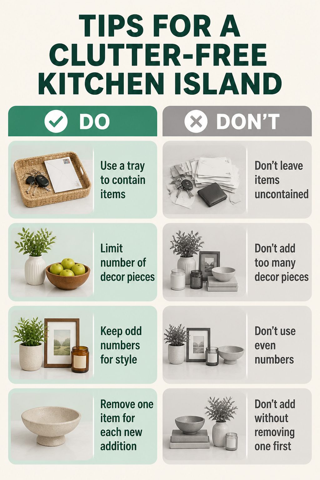 A tray holding miscellaneous items on a kitchen island.