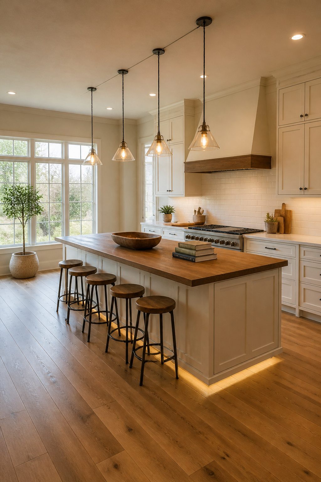 Pendant lights hanging above a kitchen island.