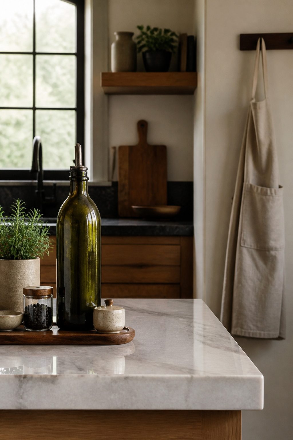 A green glass olive oil bottle on a kitchen island.