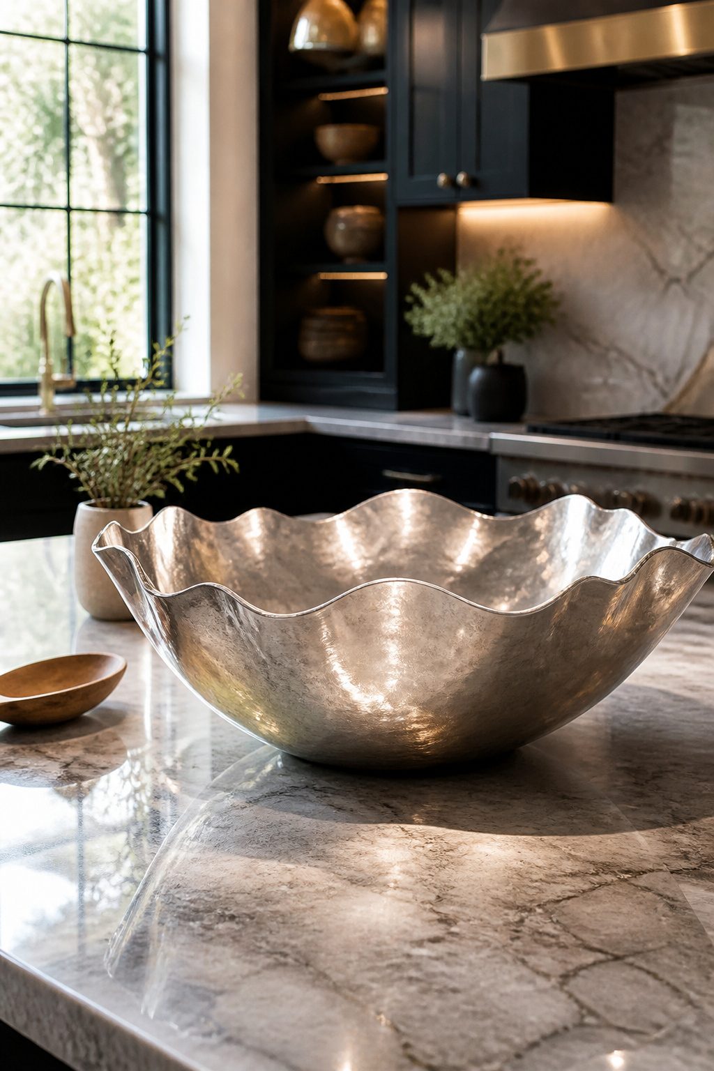 A large decorative item on a kitchen island.