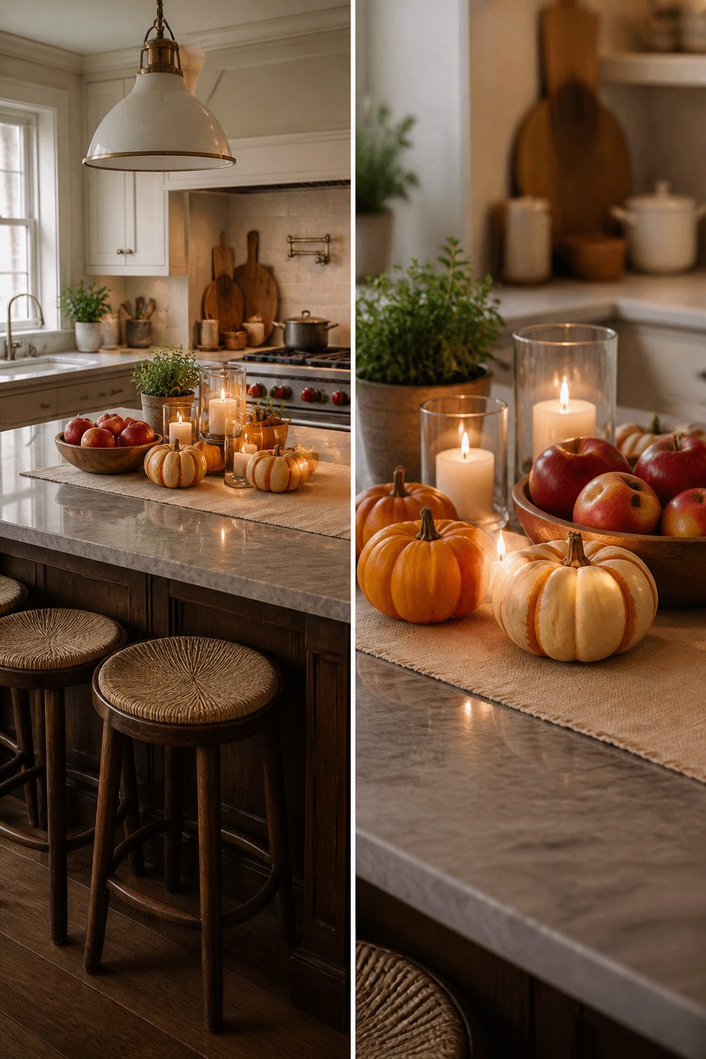 A seasonal centerpiece on a kitchen island.