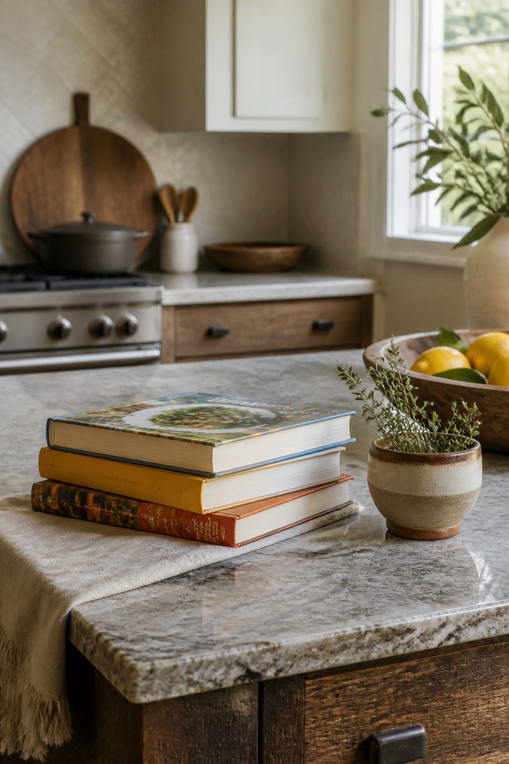 A stack of cookbooks on a kitchen island with a bowl of herbs.