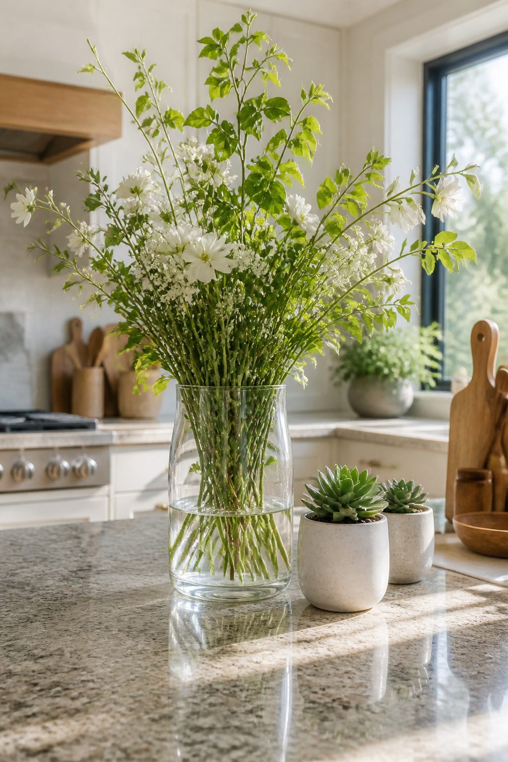 A vase filled with flowers on a kitchen island.