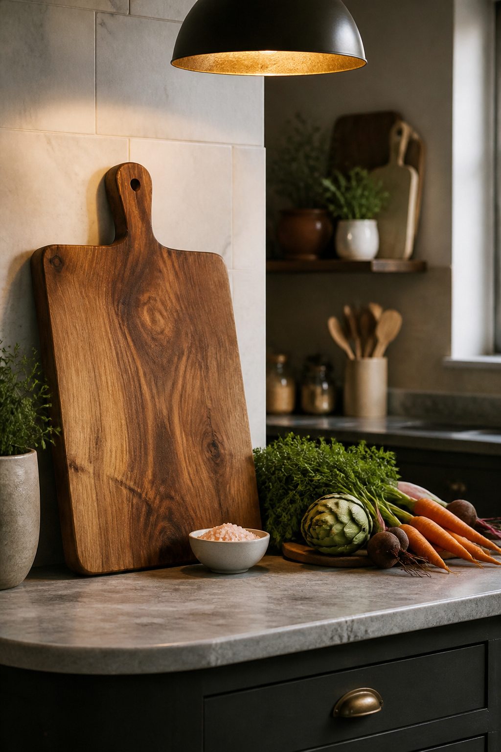 A wooden cutting board and a bowl of vegetables on a kitchen island.