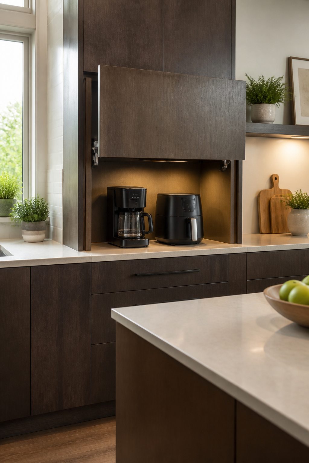 An appliance garage with a panel-ready facade housing kitchen appliances.