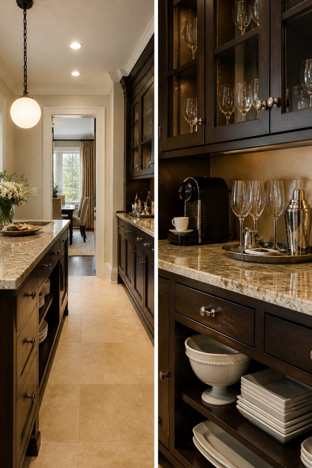 A butler's pantry with a counter surface and closed storage for serving.