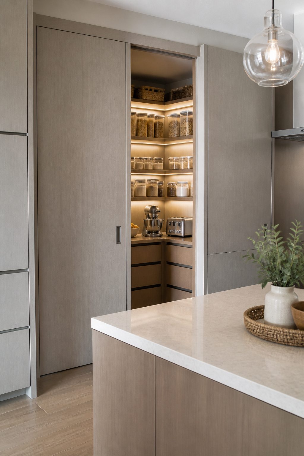 A hidden pantry with closed doors and organized shelves inside.