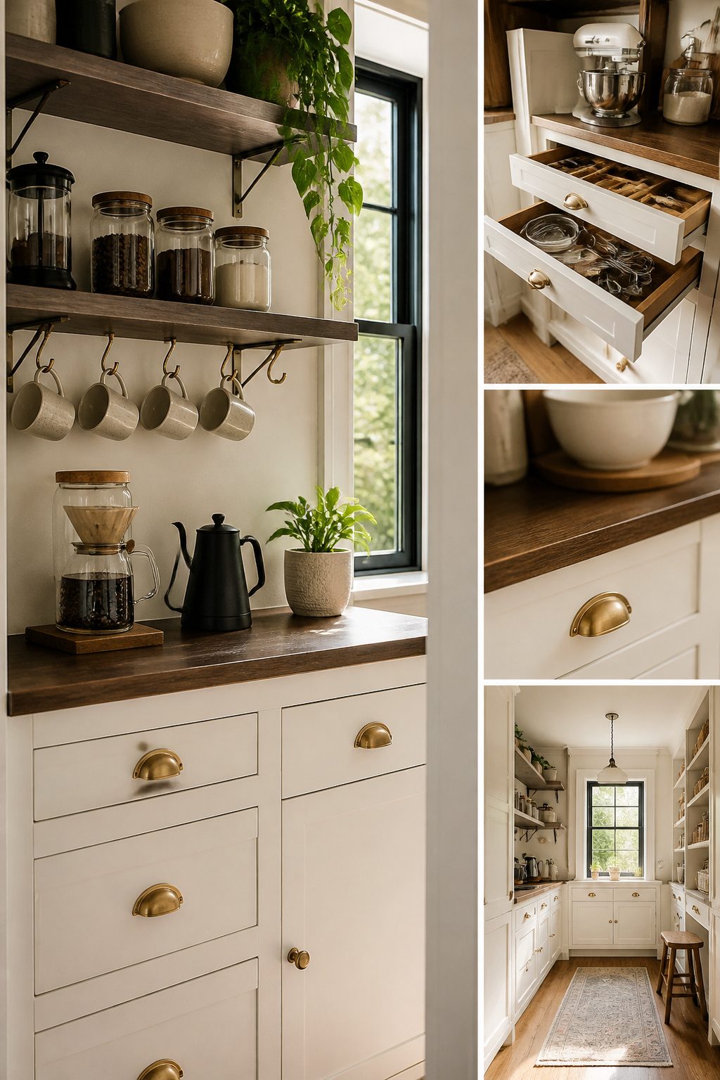 A multi-use pantry with a coffee station and baking center features.
