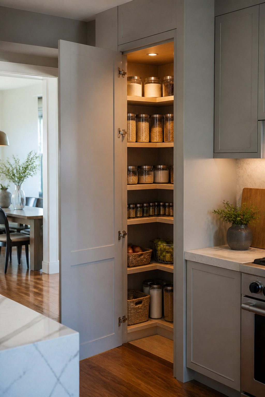 A reach-in pantry displaying a tall utility cabinet with neatly arranged shelves.