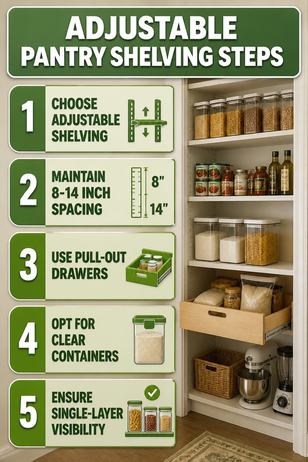 A diagram showing adjustable pantry shelving steps and spacing.