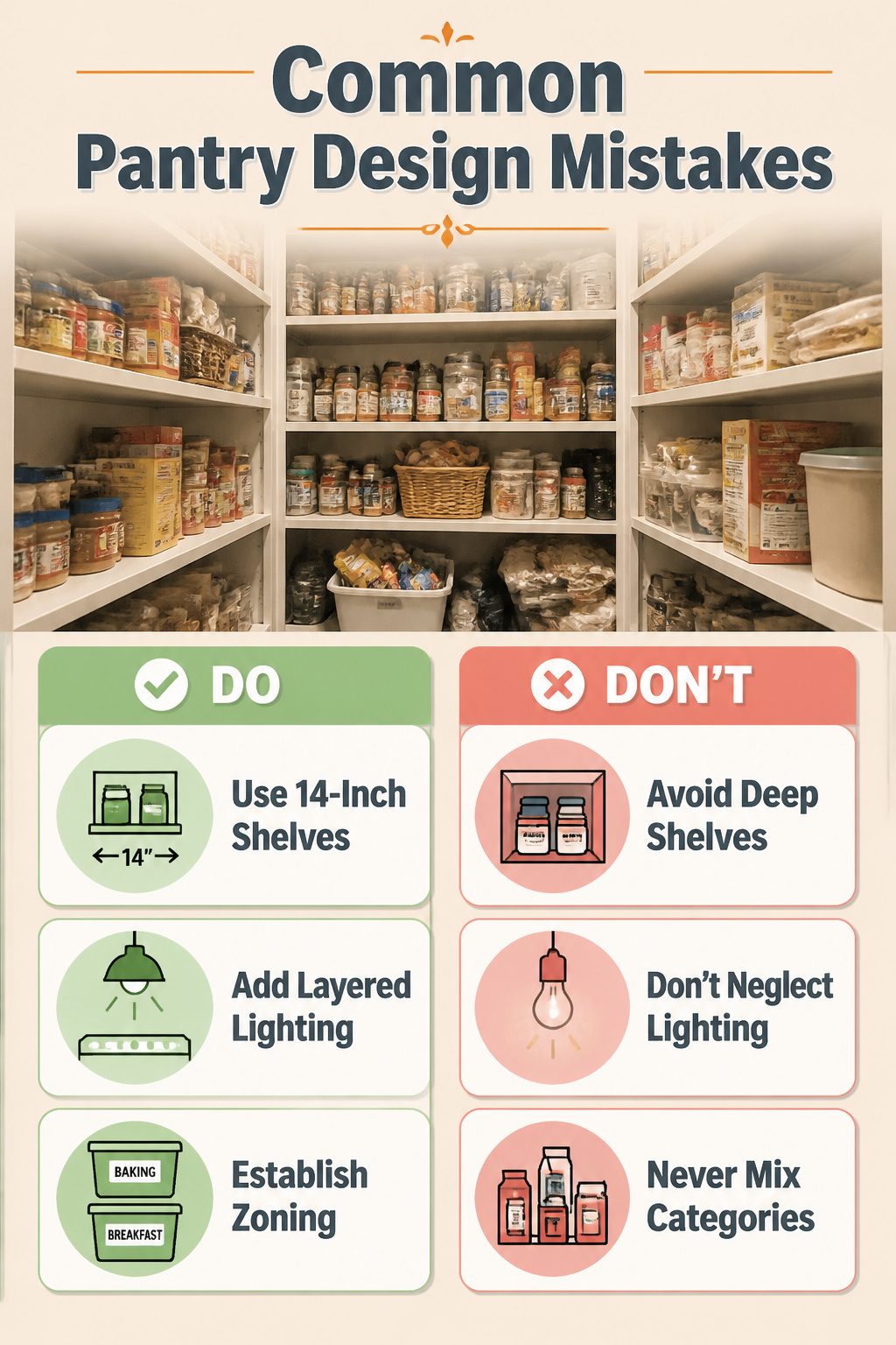 An infographic detailing common pantry design mistakes.