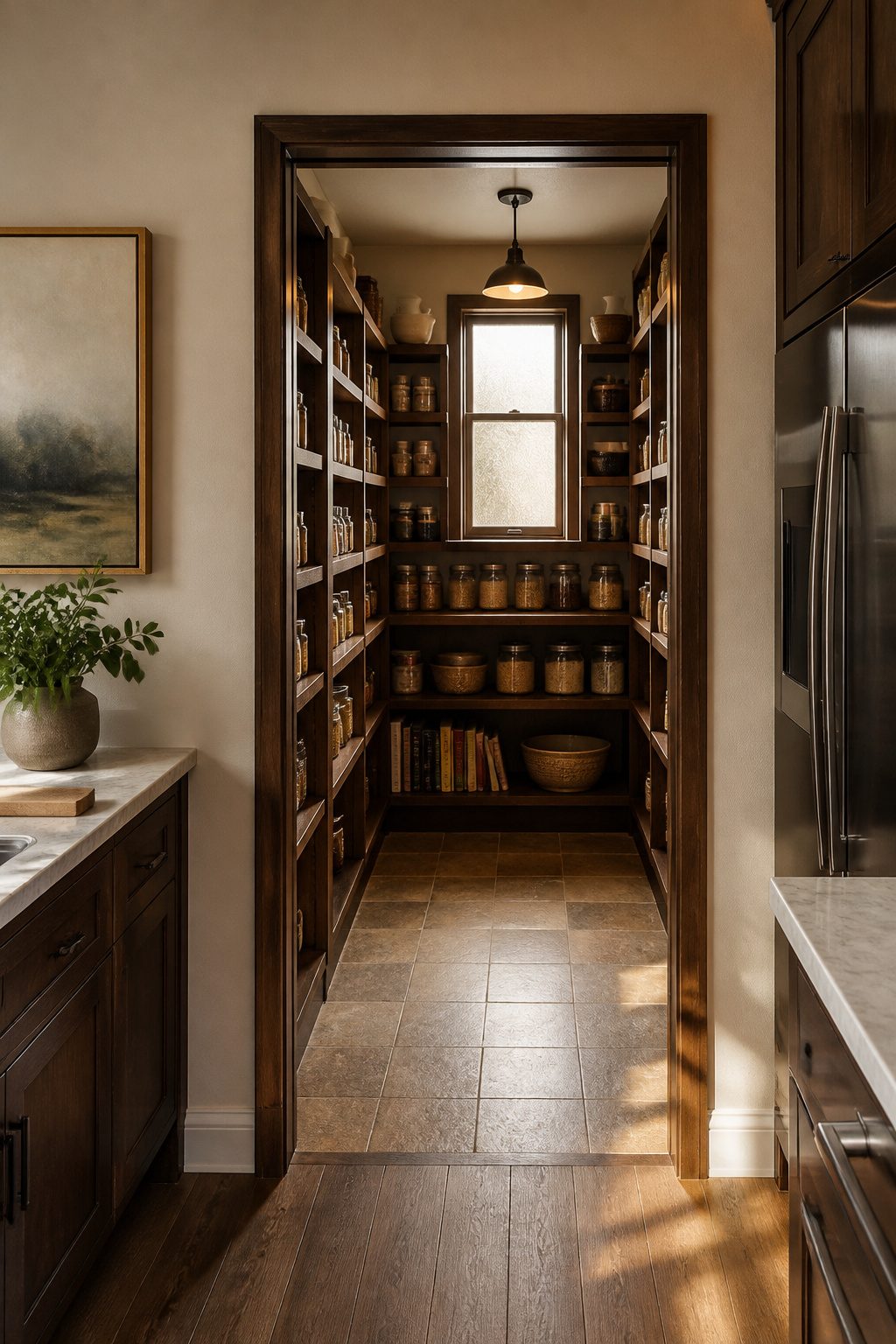 A walk-in pantry featuring solid wood shelves and a 36-inch aisle.