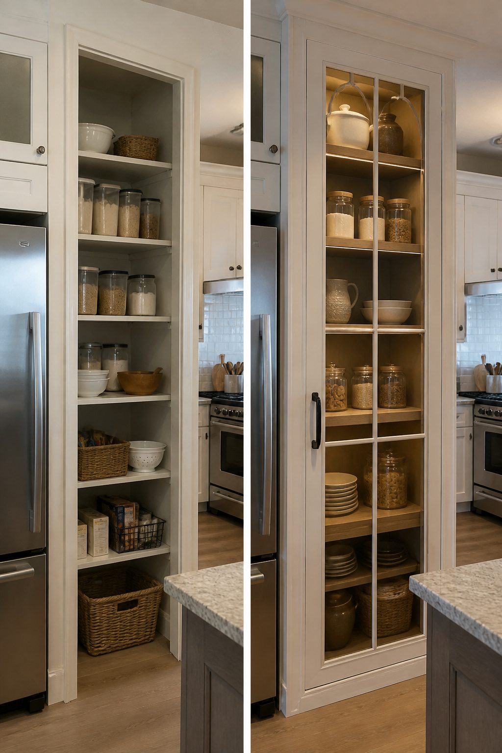 A pantry with cabinetry that matches the surrounding kitchen decor.
