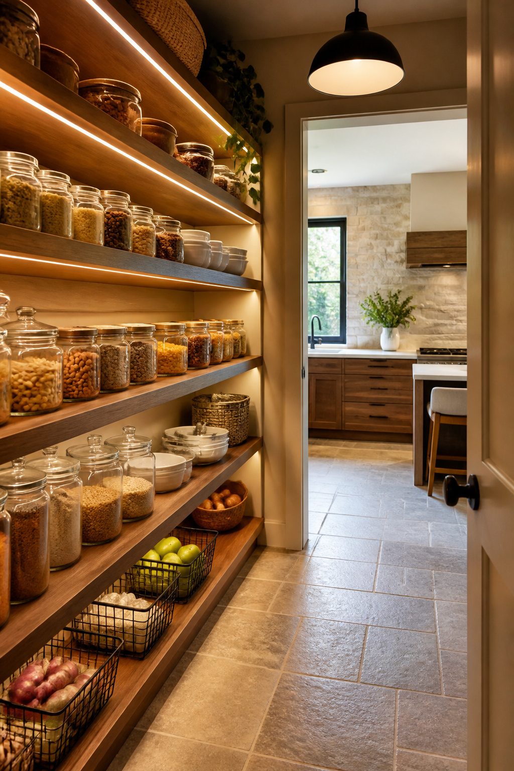 A walk-in pantry with LED lighting under solid wood shelves.