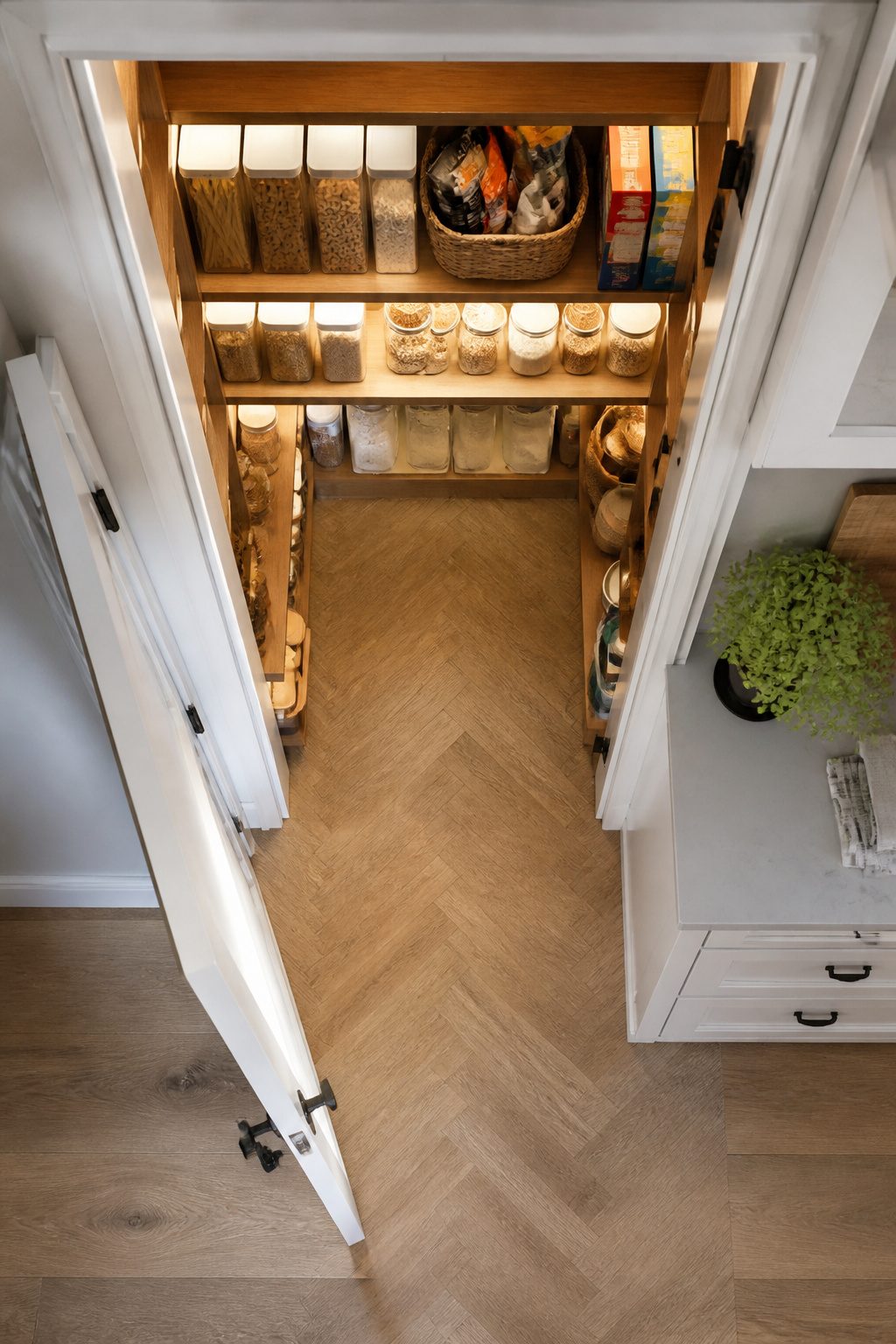 A pantry with shelves organized into categories for easy access.