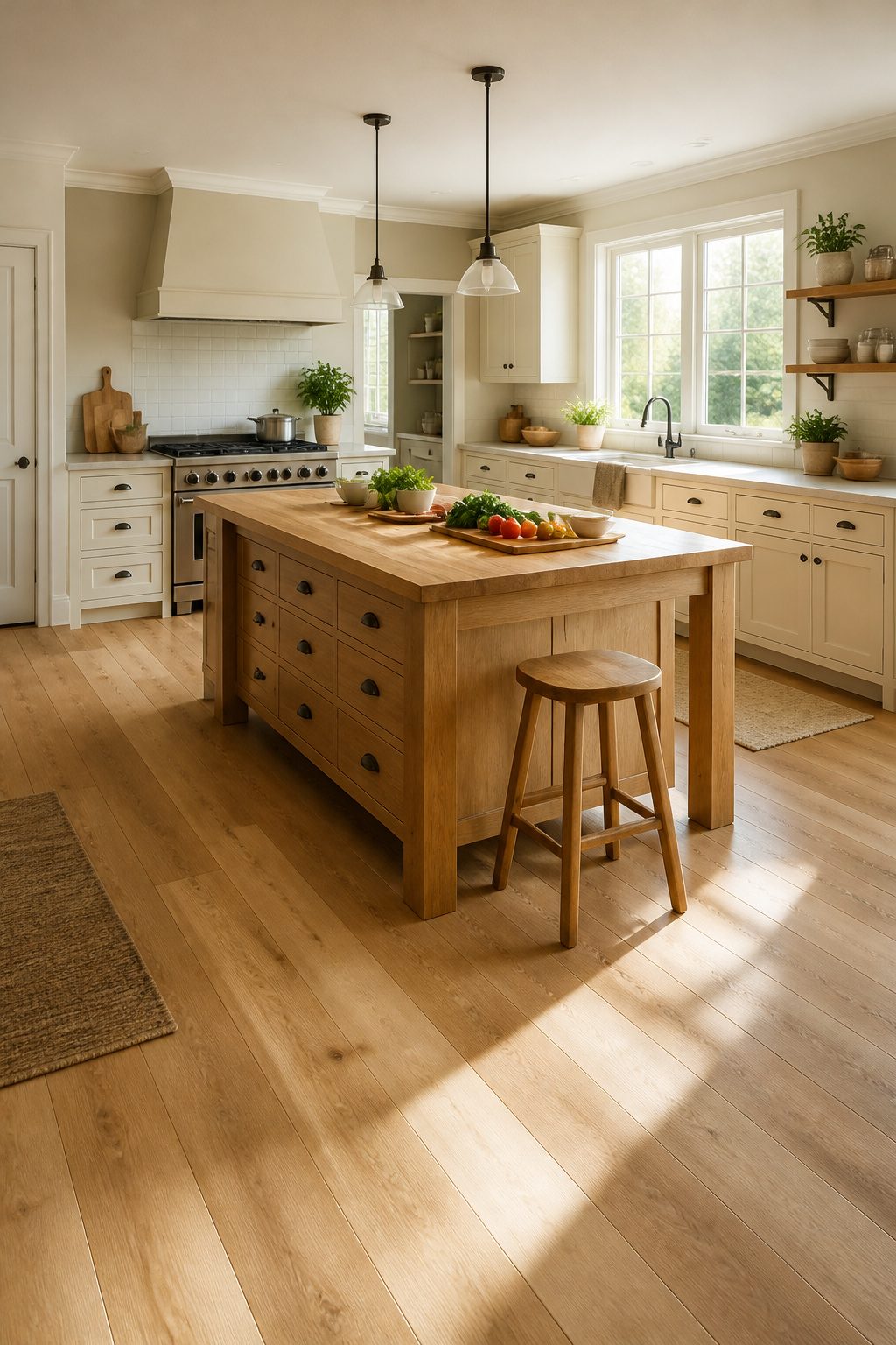 A kitchen island featuring a butcher-block top and storage options.