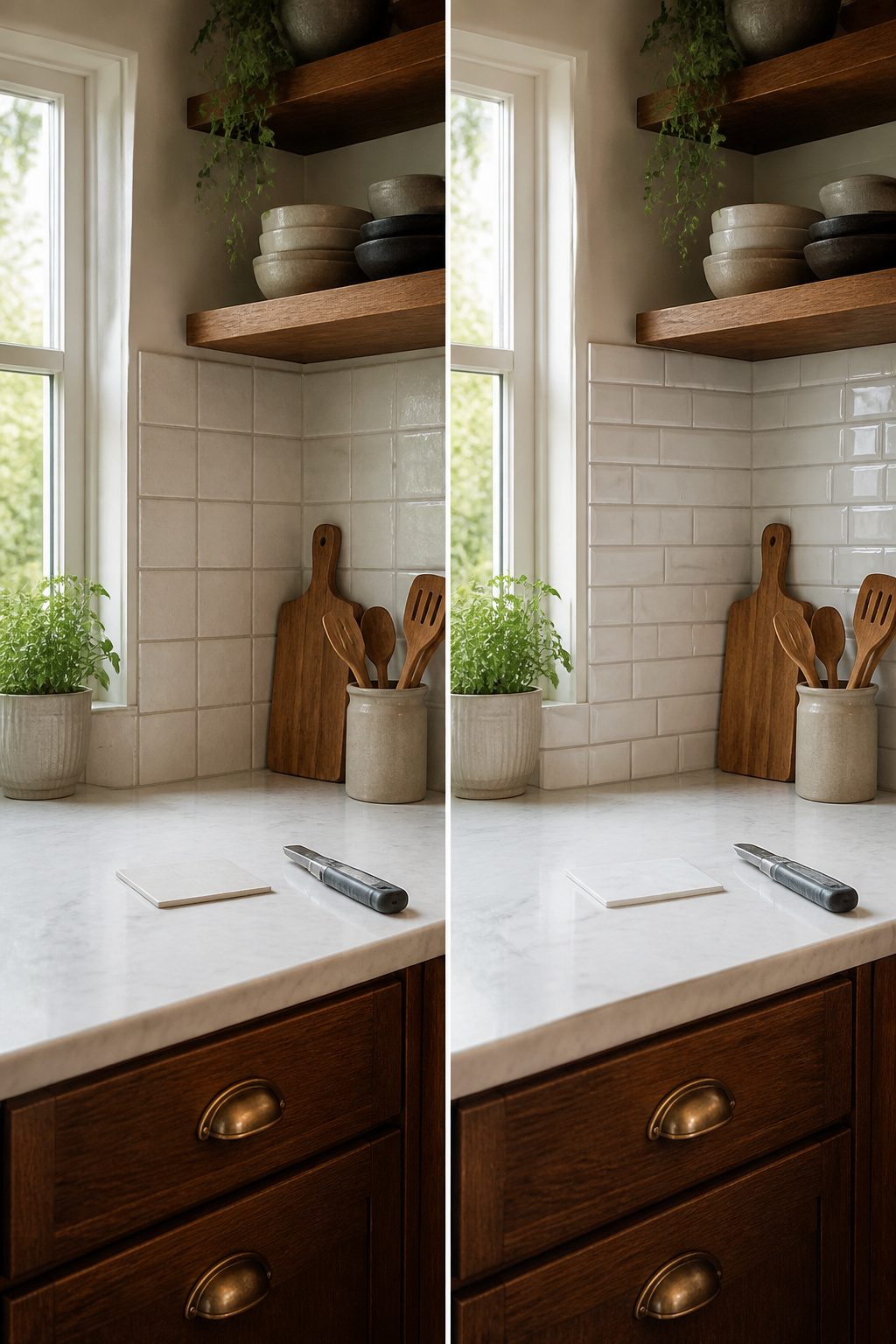 A kitchen backsplash featuring peel-and-stick tiles in a stylish pattern.