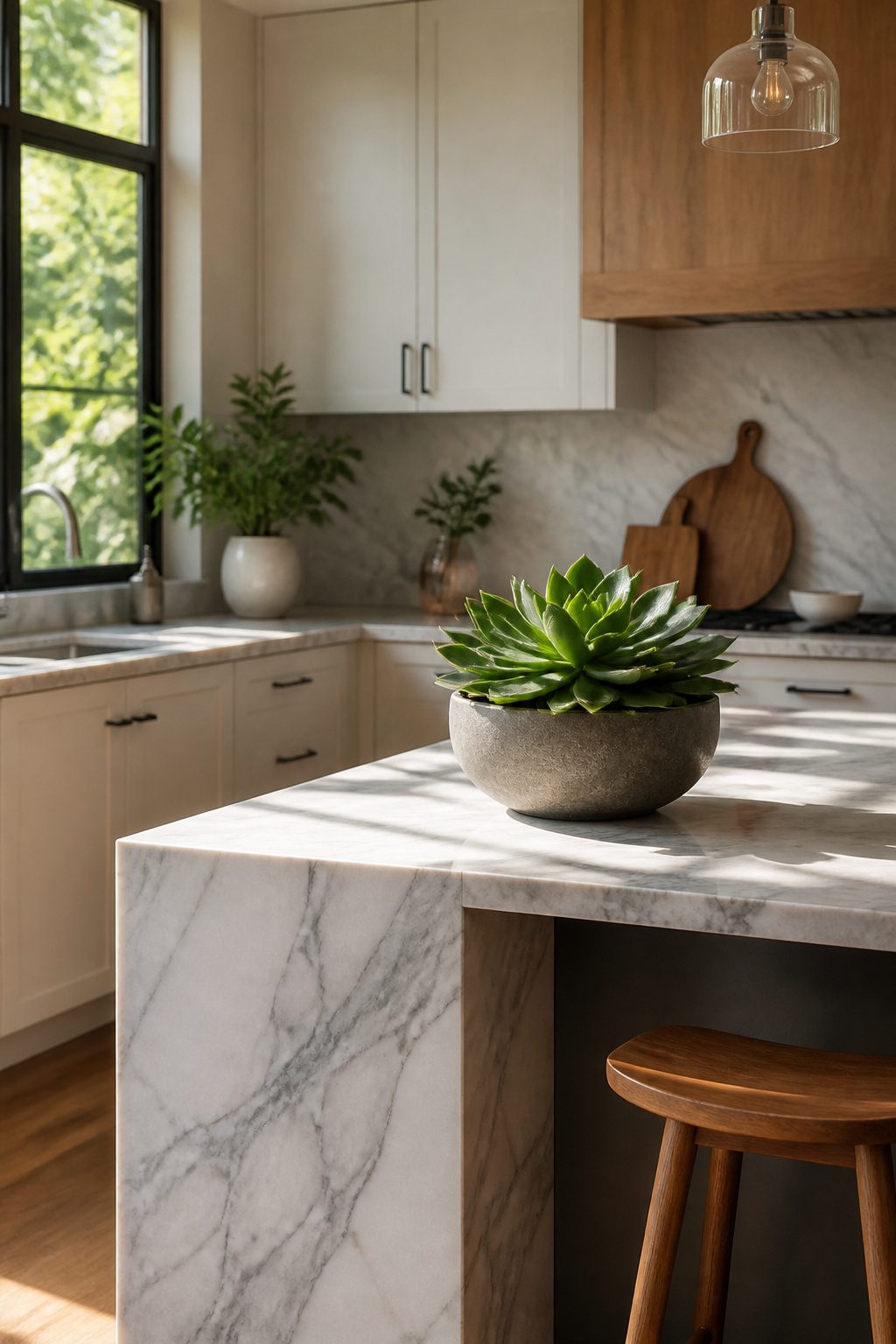 A marble island with a succulent and wooden accents in a kitchen.