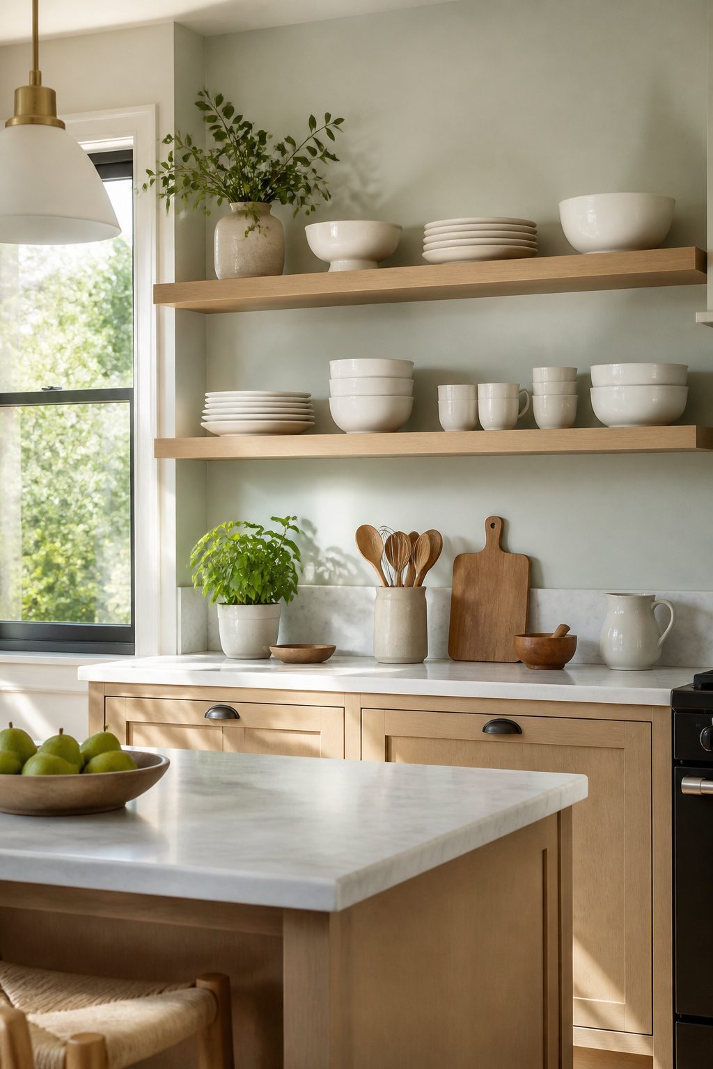 Open shelves showcasing white ceramic dishware in a modern kitchen.