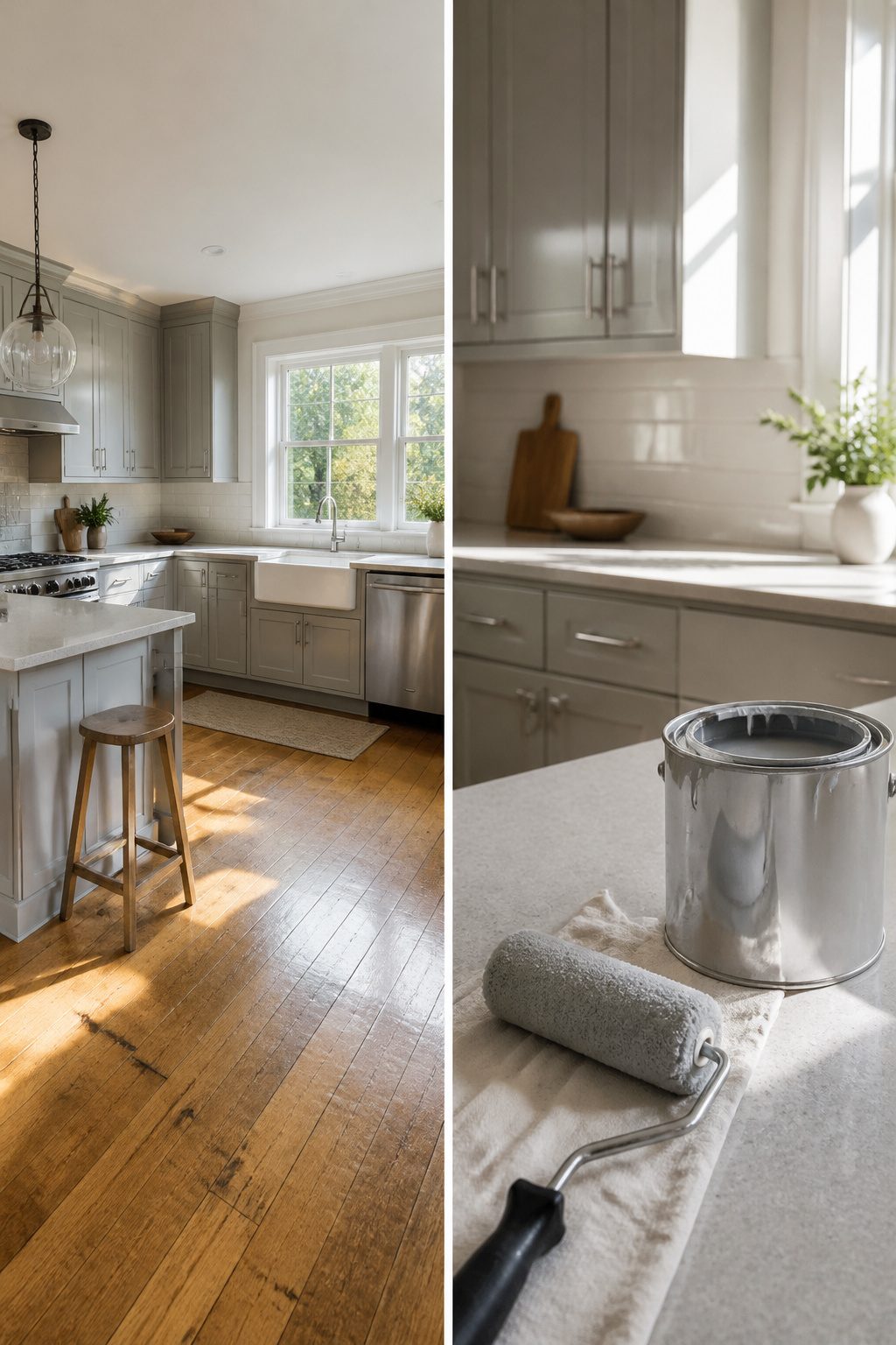 A kitchen with newly painted cabinets and trim in a fresh color.