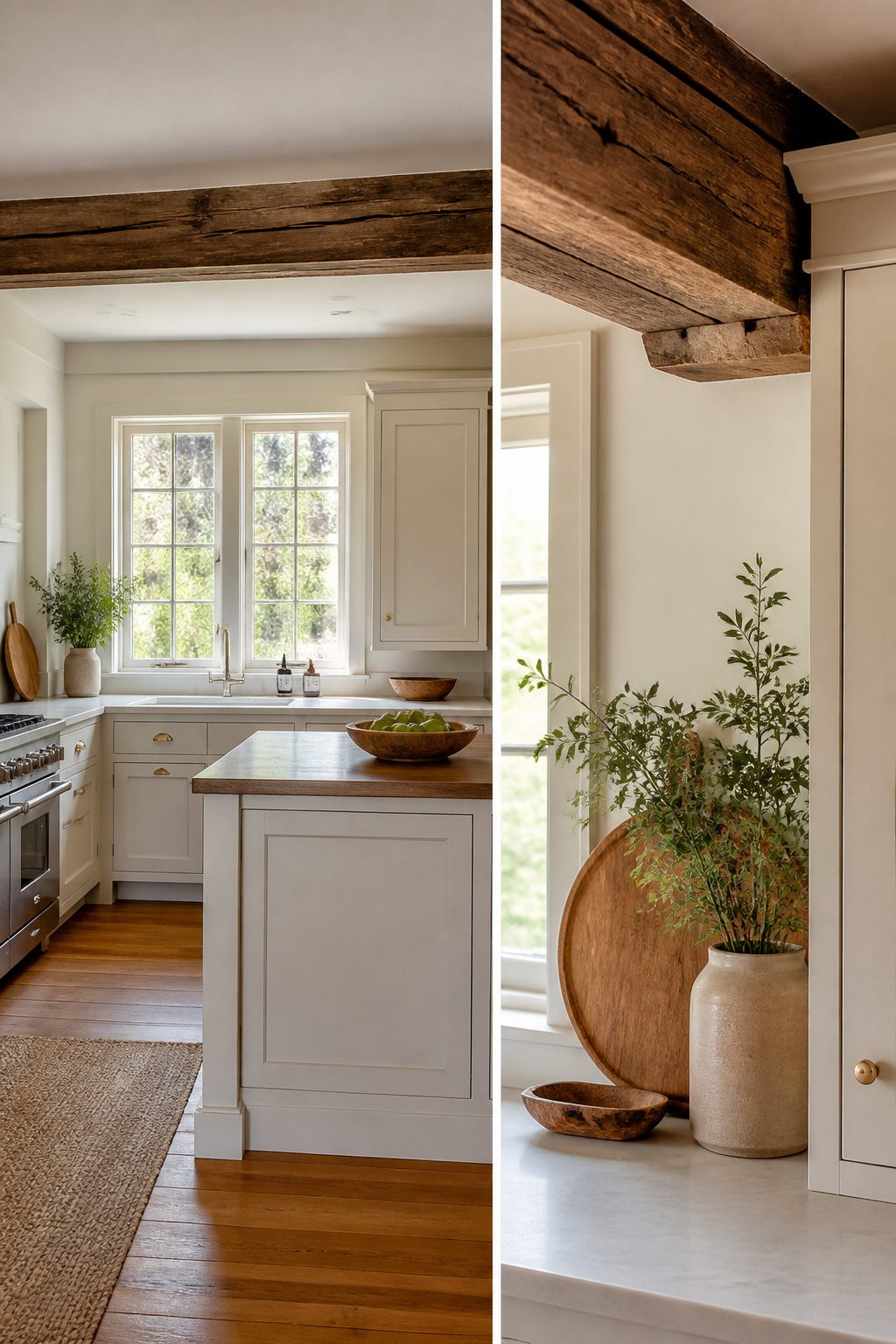 A kitchen displaying original beams and built-in cabinetry.