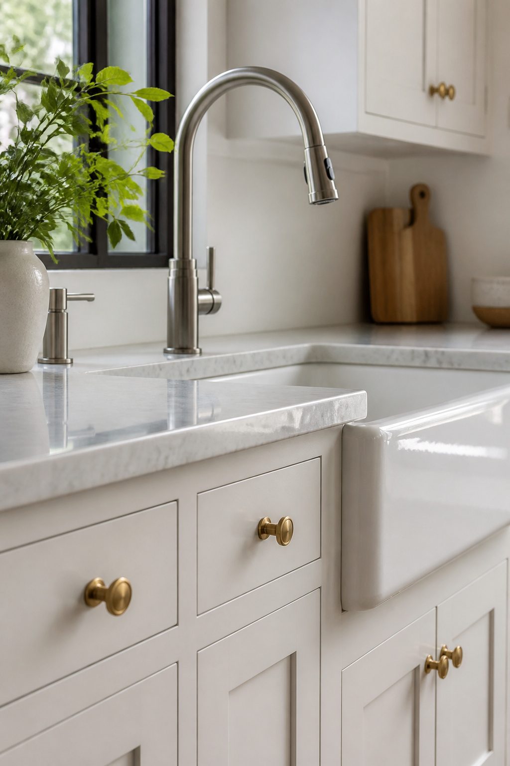 Close-up of brushed brass cabinet knobs and a brushed nickel faucet.