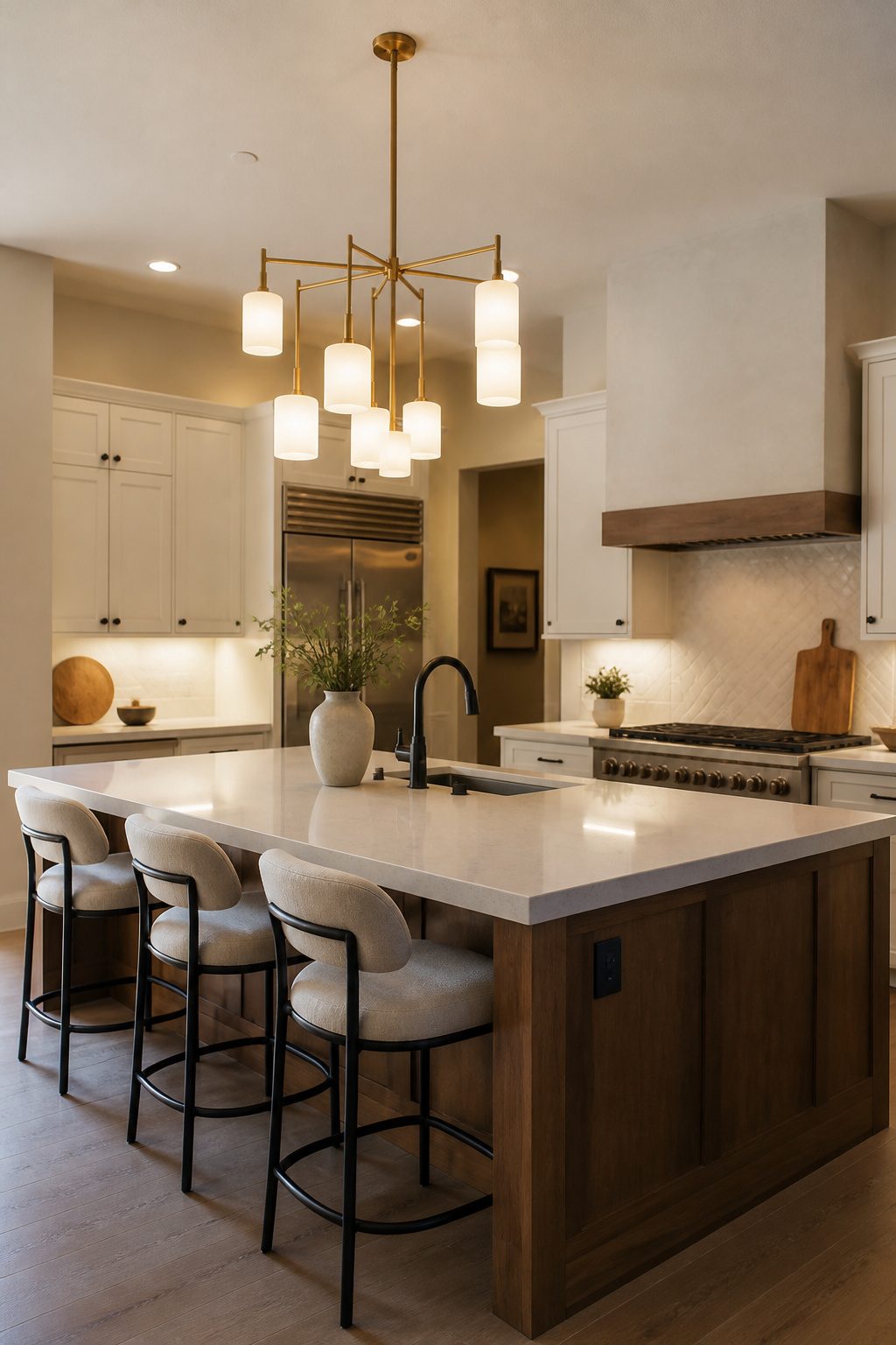 A chandelier and pendant lights illuminate a kitchen island.